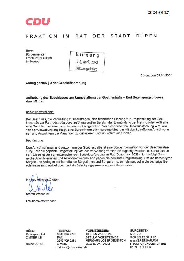 Für die kommende Ratssitzung am 24.04.2024 hat die CDU Fraktion fristgerecht zwe...